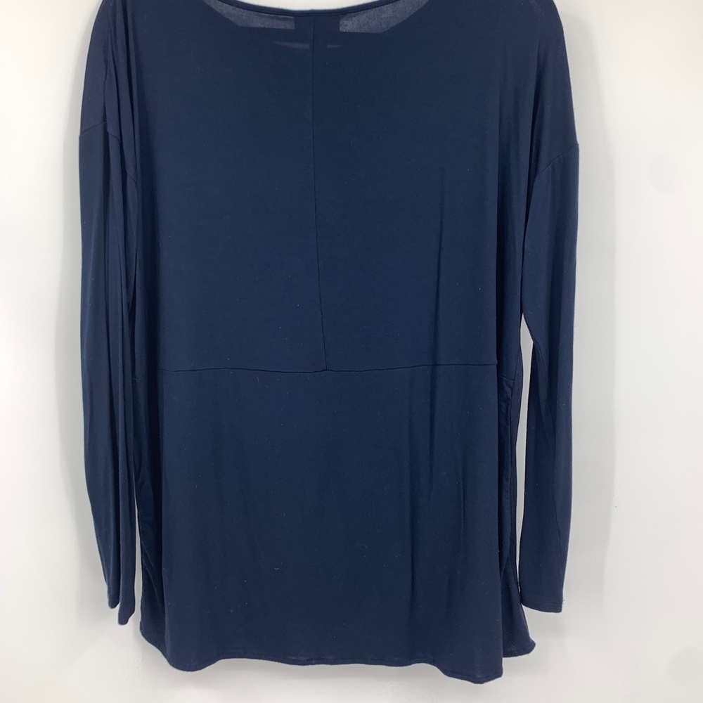 J Jill medium blouse pullover woven front knit back blue long sleeve stretch - Picture 6 of 9